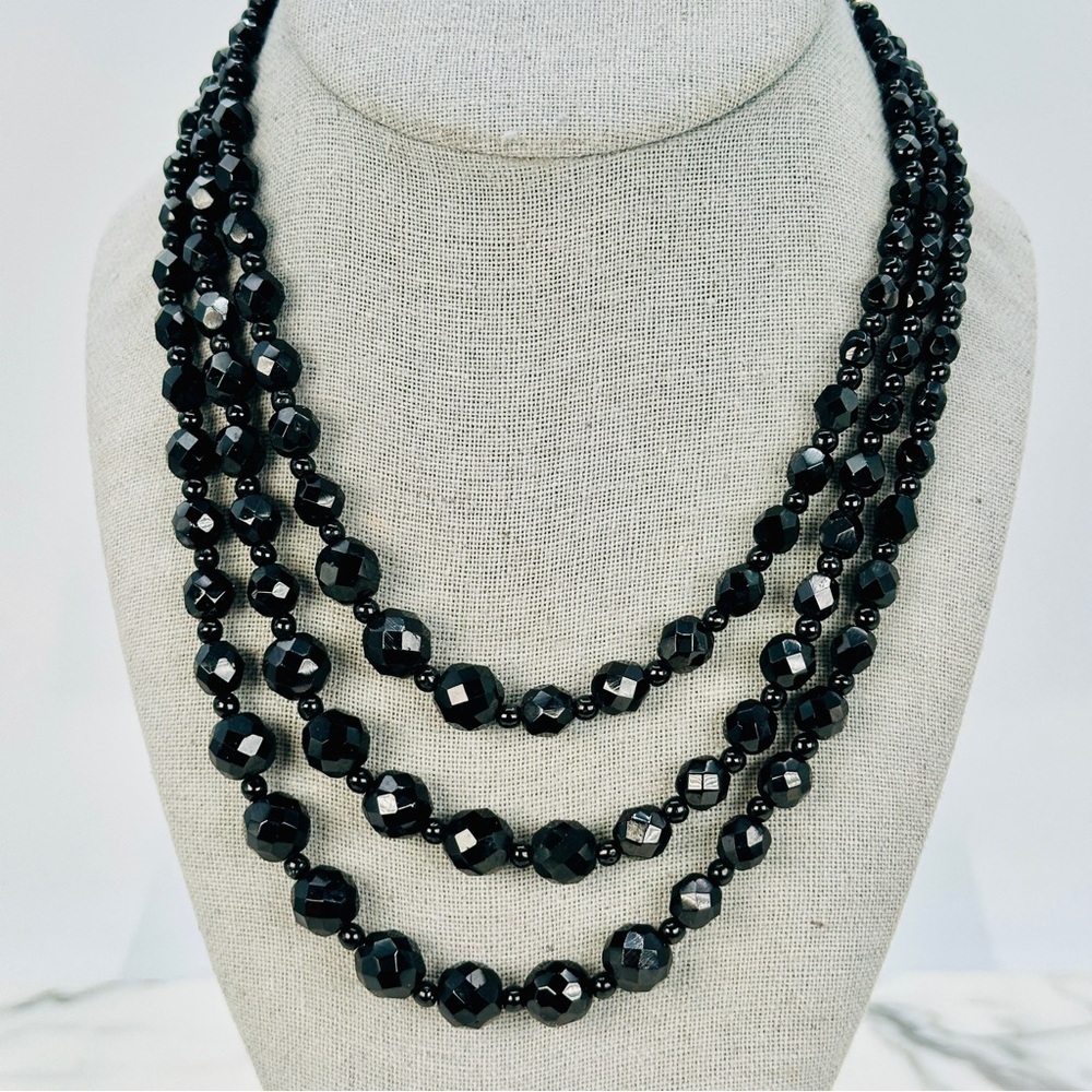 Vintage 3 Strand Black Glass Faceted Bead Necklace Graduated 16” - 21”